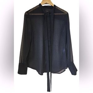 Banana Republic Navy/Dot Sheer Front Tie Long Sleeve Button Down Cuff Sleeve Top